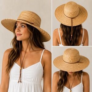 J Tola Austin Texas Wide Brim Straw Sun Hat Chin Cord Made in Mexico Western